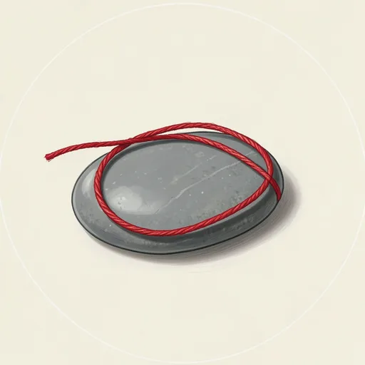Loop of red thread resting on a smooth gray stone against ivory