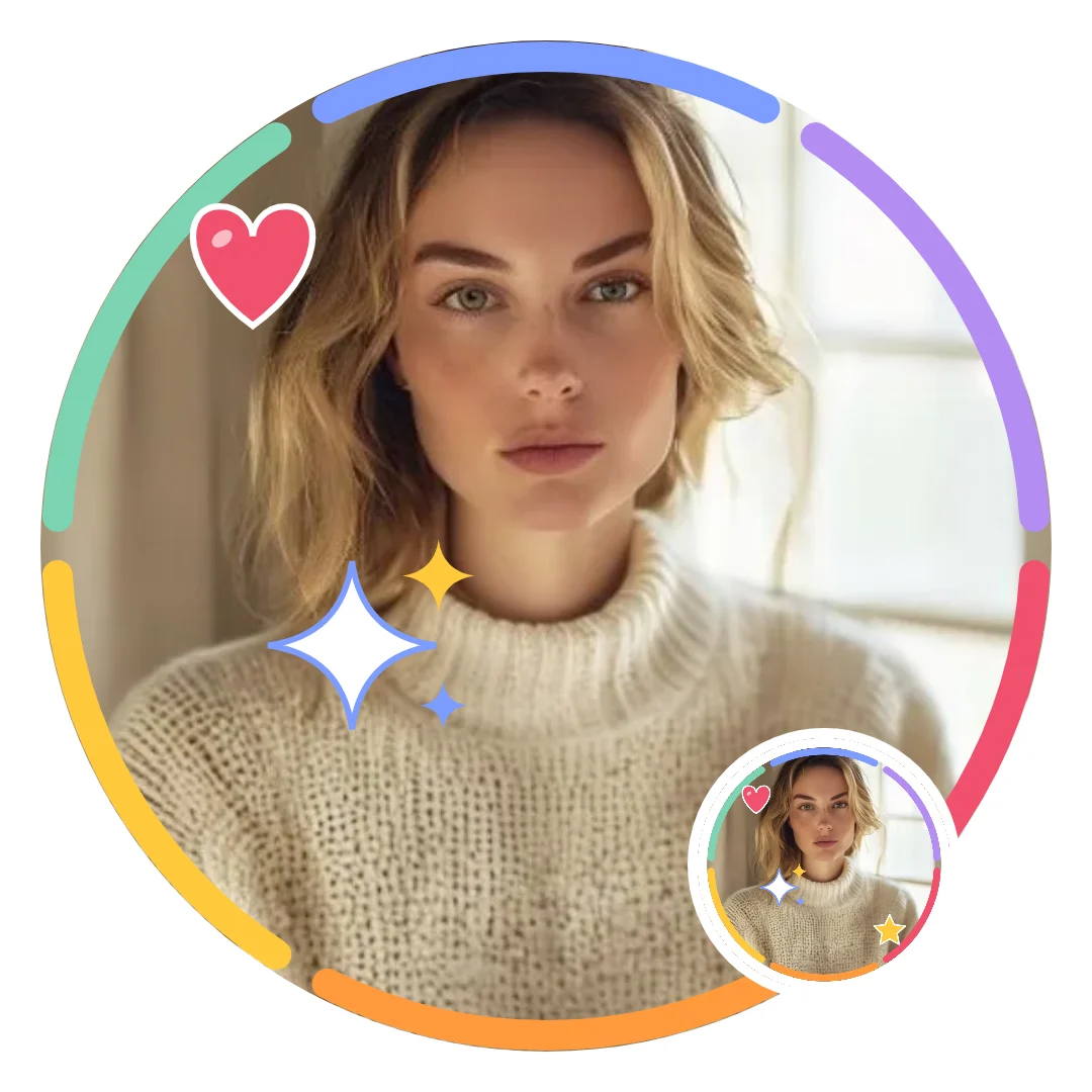 Portrait photo in a PFP frame with stickers and a circle preview