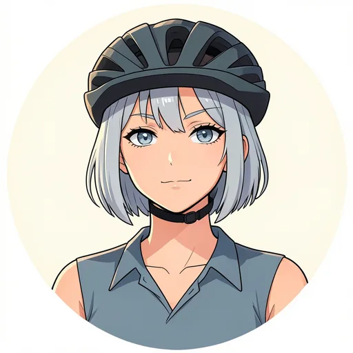 Original anime-style woman with cropped silver hair and a bicycle helmet on peach