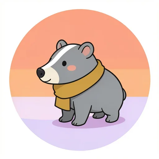 Matching badger in a mustard scarf facing left against an apricot sunrise