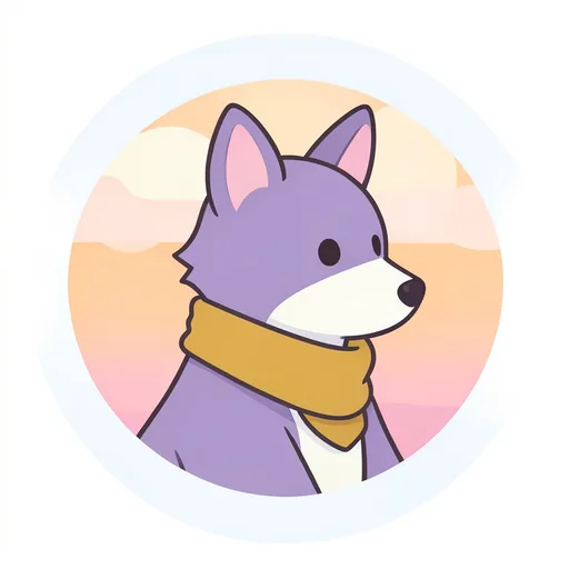 Matching fox in a mustard scarf facing right against an apricot sunrise