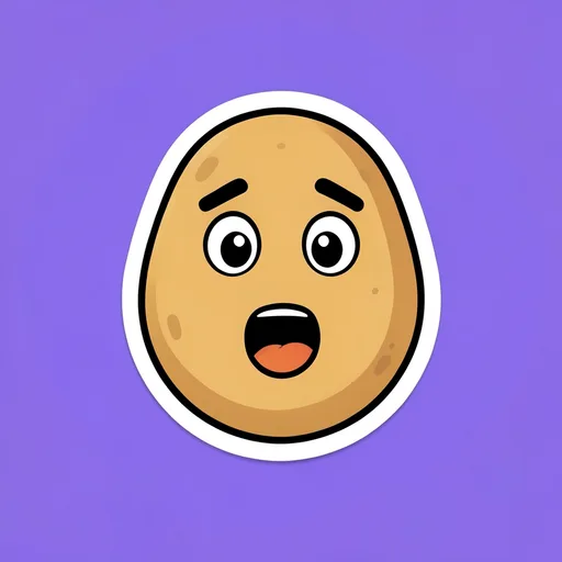 Round potato with raised eyebrows and an open mouth on a purple background