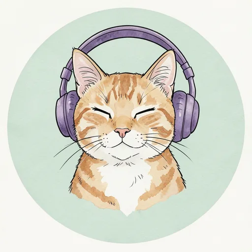 Orange tabby wearing purple headphones with closed eyes against a mint background