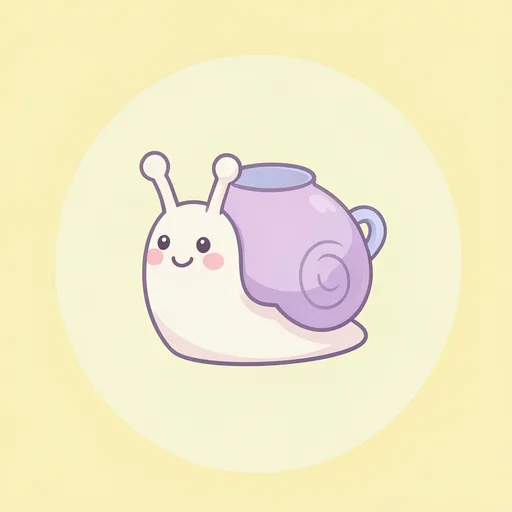 Small smiling snail with a teacup shell on a butter yellow background