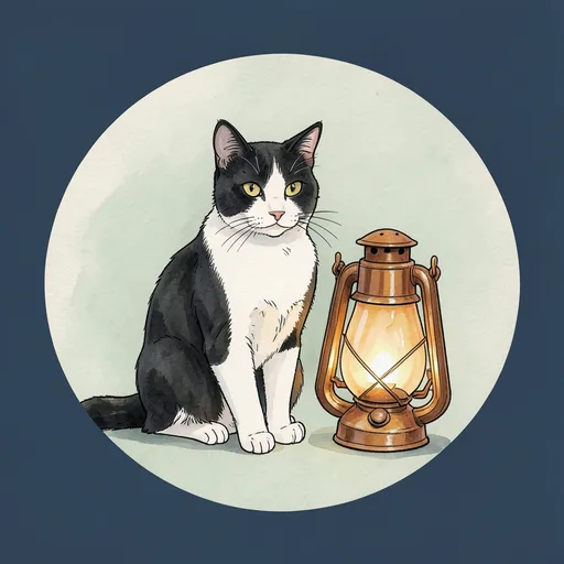 Tuxedo cat beside an amber lantern with a dark blue background