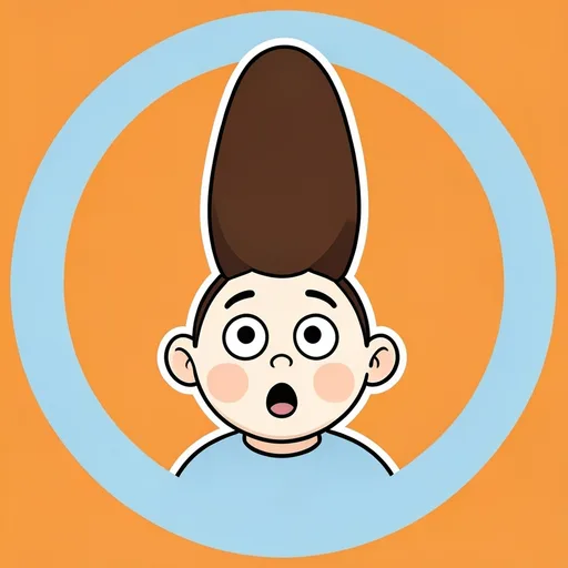 Surprised original round-faced person staring up at an absurdly tall hairstyle on orange