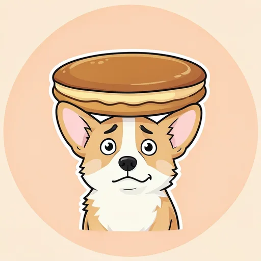 Confused corgi balancing a giant round pancake on its head against pale peach