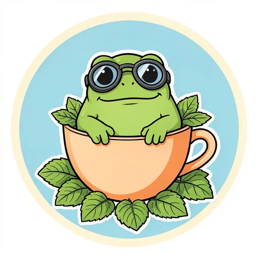 Round frog wearing swim goggles while sitting in a large teacup on mint