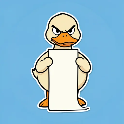 Serious duck holding an impossibly long blank receipt against a clean blue background