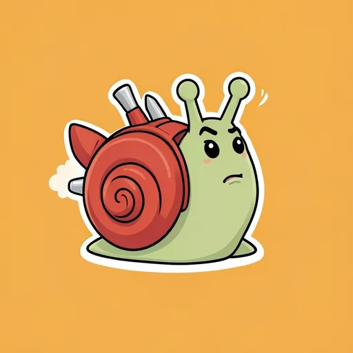 Small snail wearing a tiny red jetpack with a determined look on orange