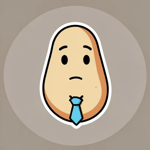 Expressionless potato wearing a tiny formal tie against a plain warm gray background