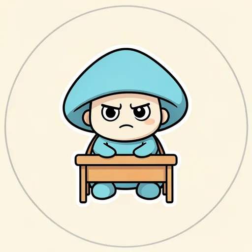 Unimpressed mushroom sitting behind a very small empty desk against a cream background