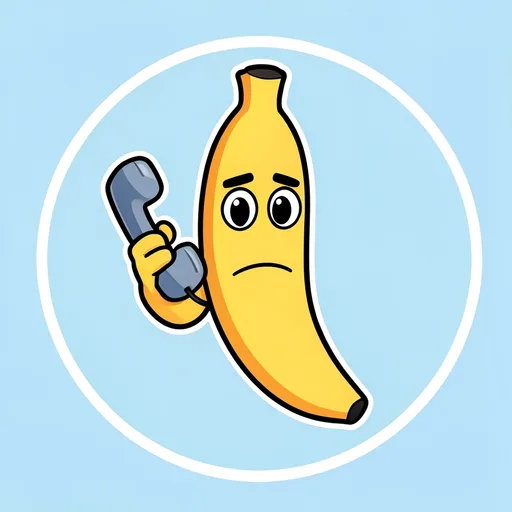 Straight-faced banana holding a disconnected phone receiver against a flat pale blue background