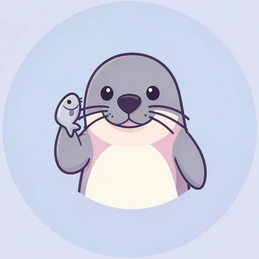 Round seal holding a small fish to its ear against a soft blue background