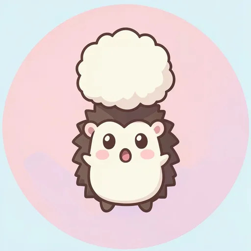 Startled hedgehog balancing a giant fluffy pompom on its head against pale pink