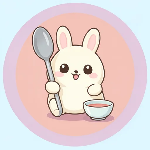 Small round bunny gripping an oversized spoon beside a tiny bowl on apricot