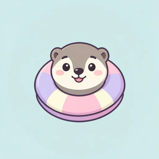 Cheerful otter squeezed into a tiny inflatable swim ring against a pale aqua background