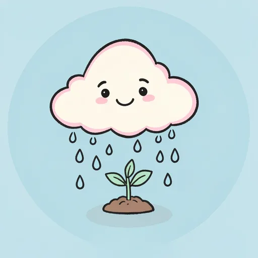 Proud little cloud watering a tiny plant with its own raindrops against light blue