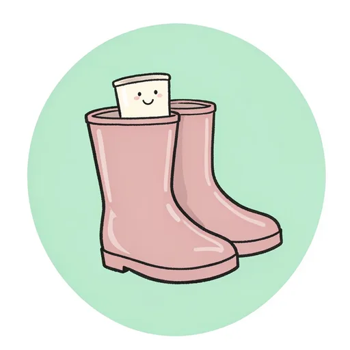 Small cheerful rain boot tucked inside a much larger rain boot on mint
