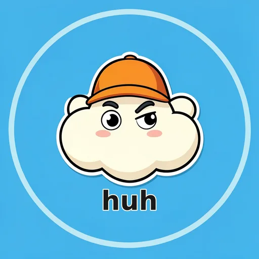 Puzzled cloud with a small huh caption and a single raised eyebrow on blue