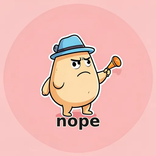 Solemn potato turning away from a tiny party blower with a nope caption on pink