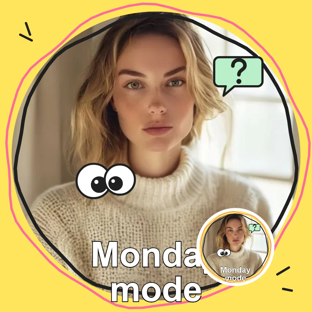 Selfie in the funny PFP maker with googly eyes, a question bubble and Monday mode caption