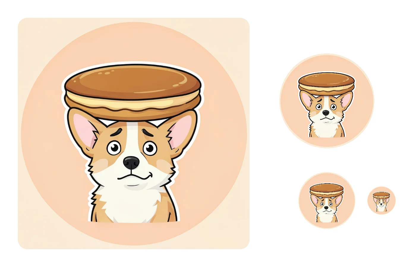 Funny profile picture of a worried corgi with a pancake hat at three avatar sizes