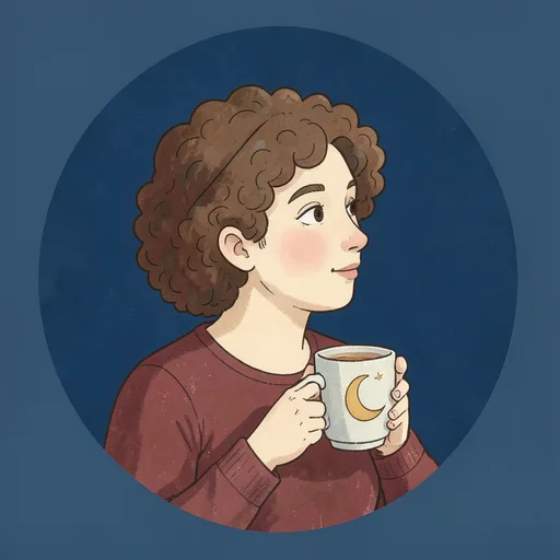 Original curly-haired person holding a moon cup against a deep blue background