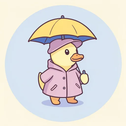 Centered yellow duck in a raincoat holding a yellow umbrella on pale blue