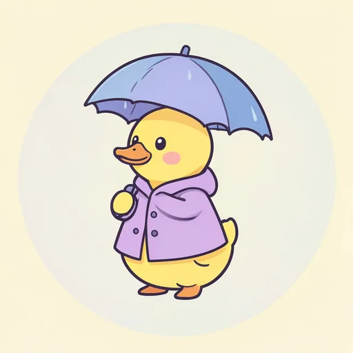 Centered yellow duck in a raincoat holding a blue umbrella on pale yellow