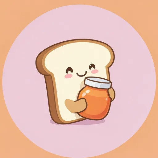Smiling toast character hugging an orange jar against a plain apricot background