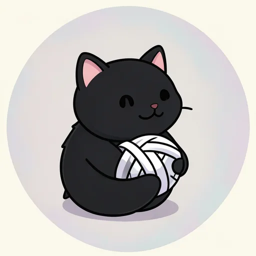 Round black cat hugging white yarn with its whole face visible on cream
