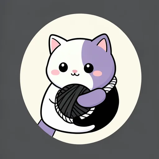 Round white cat hugging black yarn with its whole face visible on charcoal