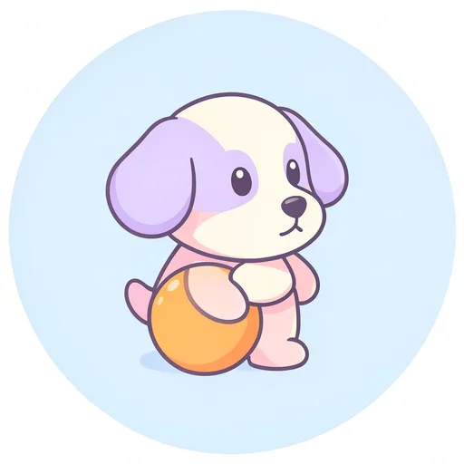 Floppy-eared puppy holding an orange ball against a clean pale blue background