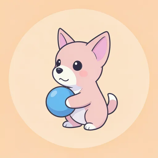 Pointy-eared puppy holding a blue ball against a clean pale orange background