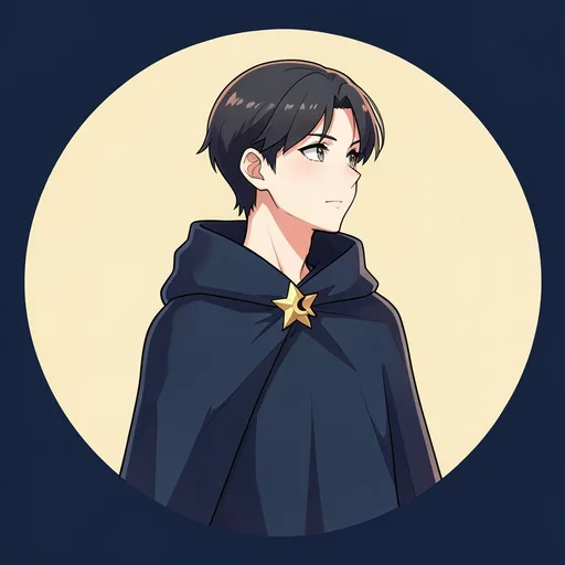 Original anime-style traveler wearing a plain cloak with a star clasp on midnight blue