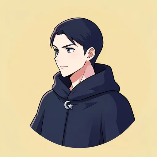 Original anime-style traveler wearing a plain cloak with a moon clasp on soft gold