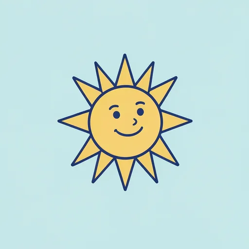 Round smiling sun with broad golden rays centered against a pale blue background