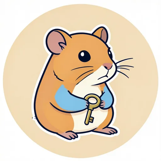 Solemn hamster carefully holding a small key against a plain warm beige background