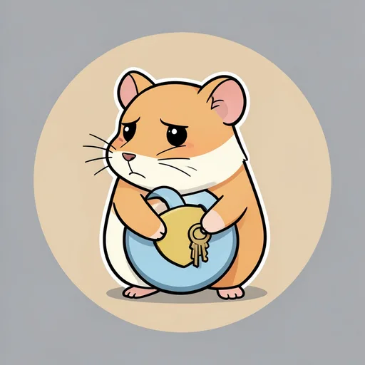 Solemn hamster hugging an oversized padlock against a plain cool gray background