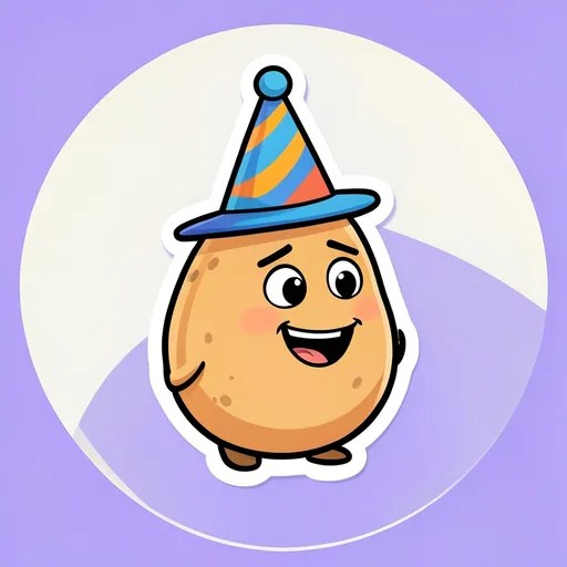 Smiling round potato wearing an upright party hat against a bright lavender background