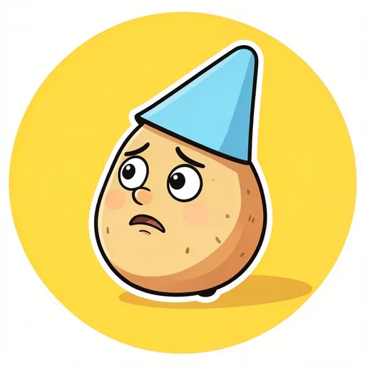 Confused round potato wearing a sideways party hat against a bright yellow background