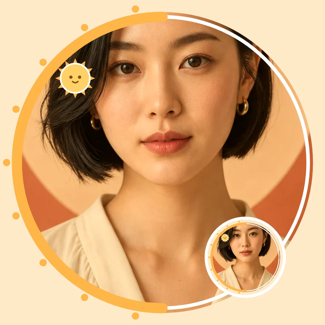 Short-haired selfie in a half-orange Sun matching PFP frame with a smiling sun sticker