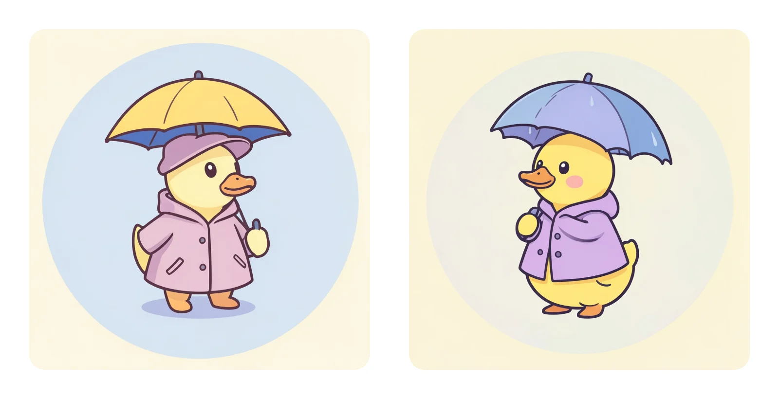 Matching profile pictures of two ducks in lilac raincoats with yellow and blue umbrellas