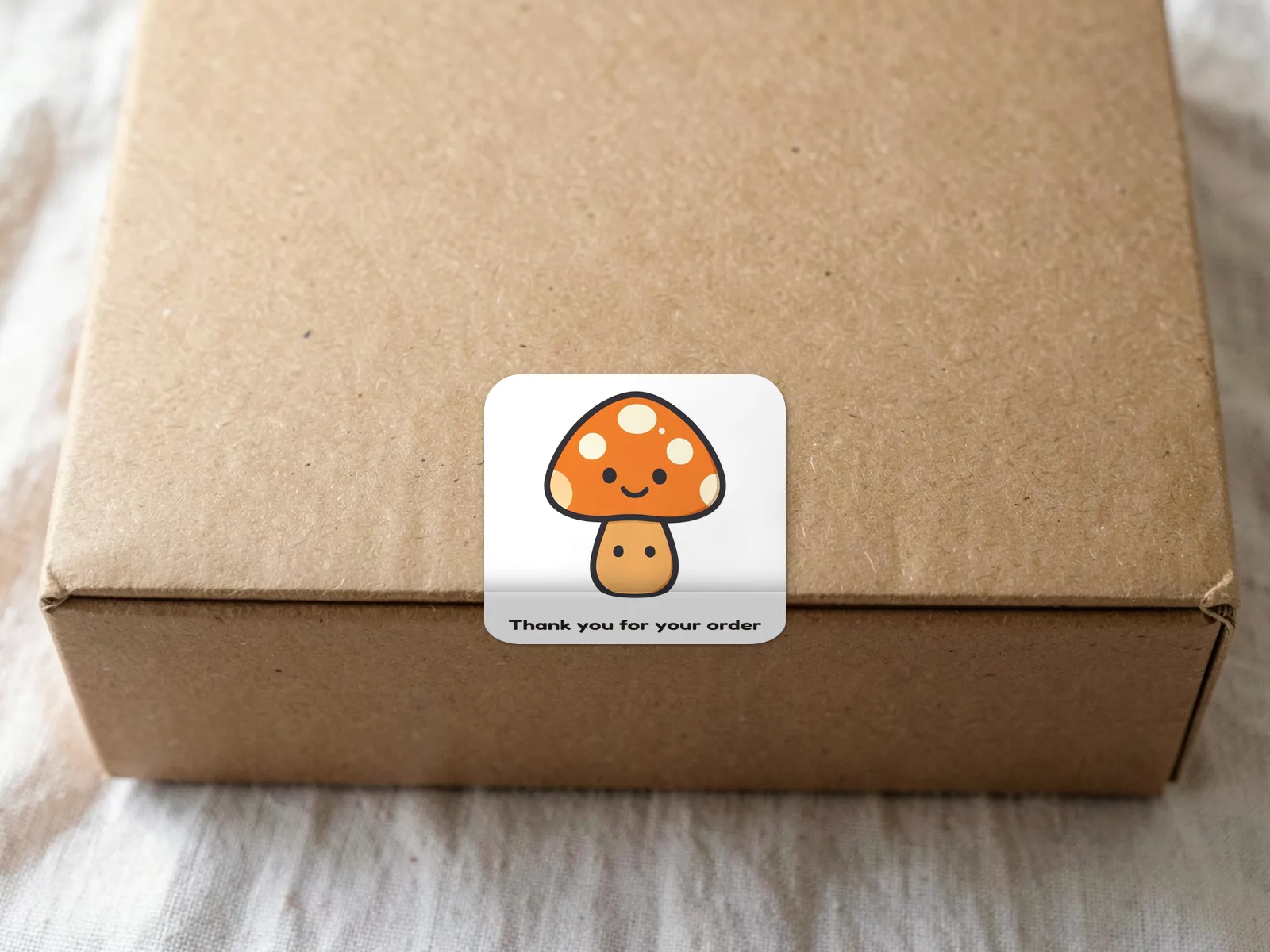 Mushroom sticker reading Thank you for your order sealing a kraft parcel