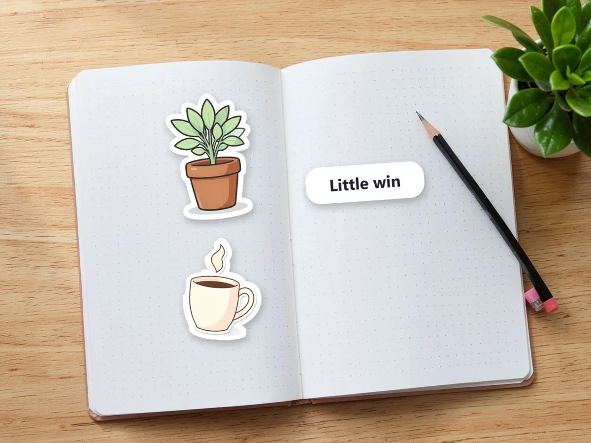 Journal sticker set with a plant, a mug and the words Little win