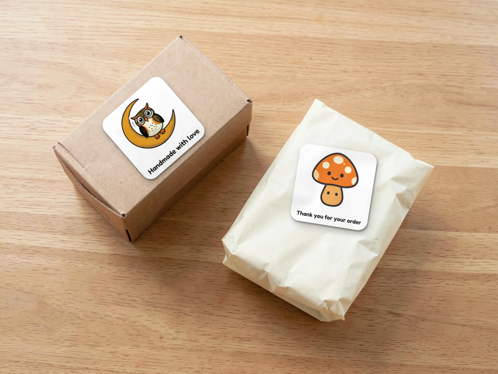 Kraft parcels decorated with owl and mushroom stickers bearing handmade and thank-you messages