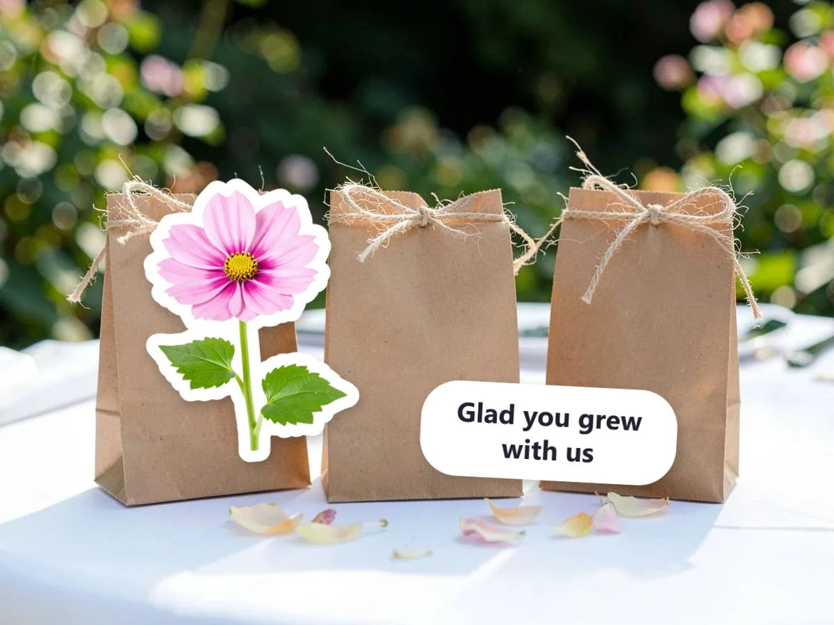 Custom sticker made from a flower photo with a short garden-party message
