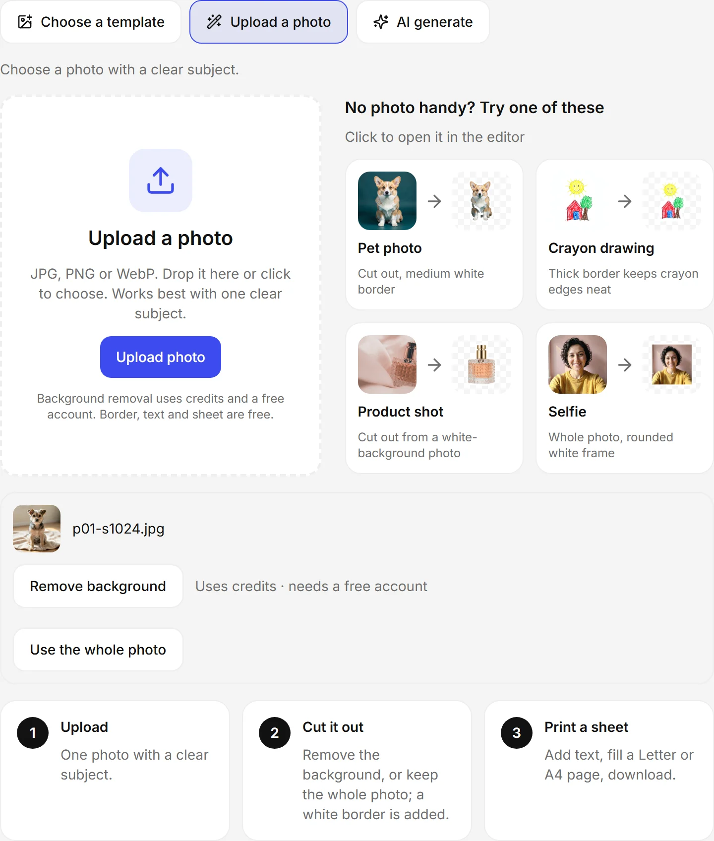 Sticker editor with a terrier photo and the Remove background and Use the whole photo buttons