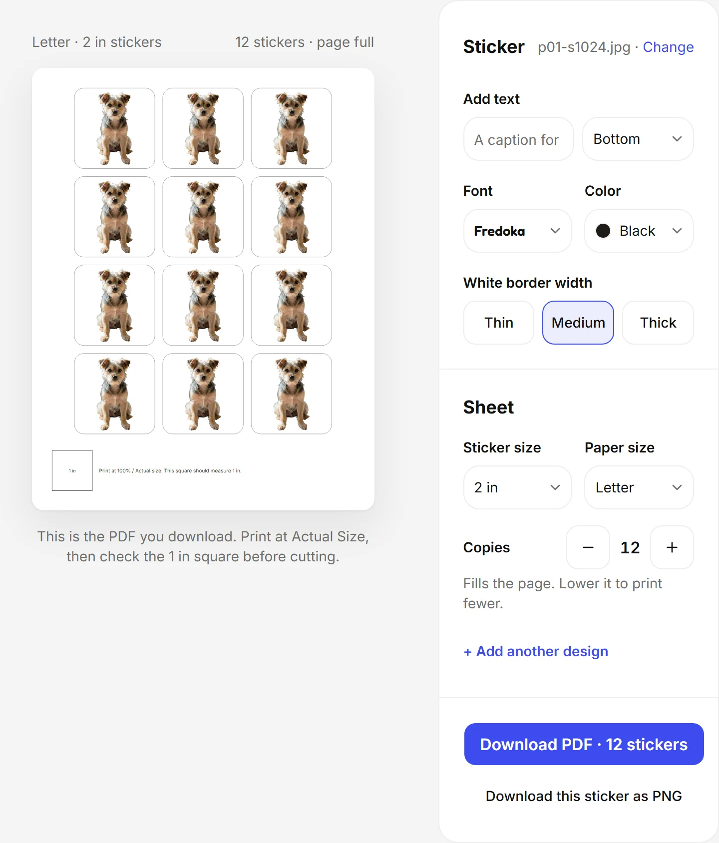 Sticker editor after Remove background: a Letter sheet of 12 terrier stickers